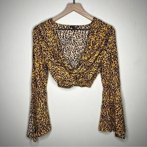 Fashion Nova Leopard Print Twisted Front V-Neck Bell Sleeves‎ Crop Top